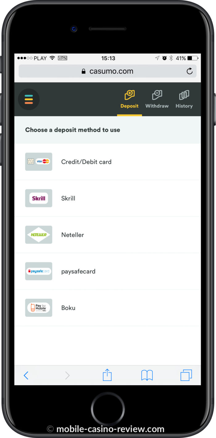 Mobile Casino Review - Casumo Casino - Deposit Options