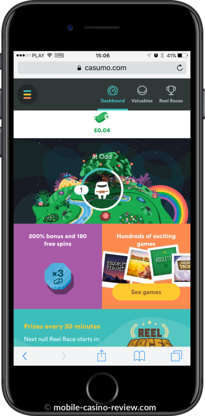 Mobile Casino Review - Casumo Casino - Player Account Screen
