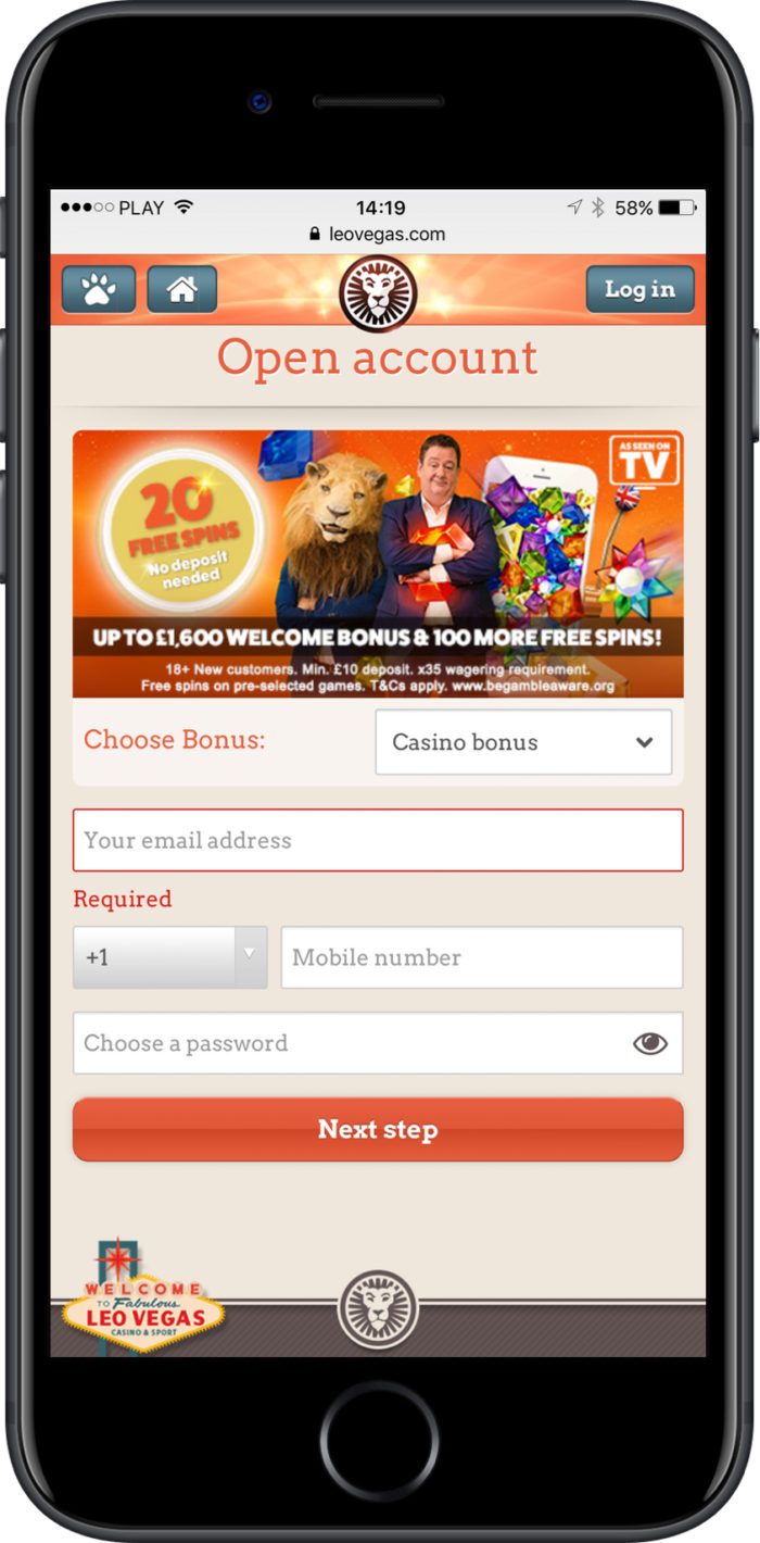 Leo Vegas Mobile Casino - registration page on iPhone