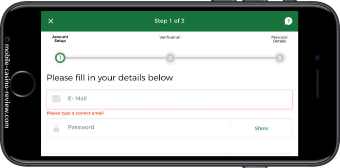 Mobile Casino Review - Mr Green - Registration Form