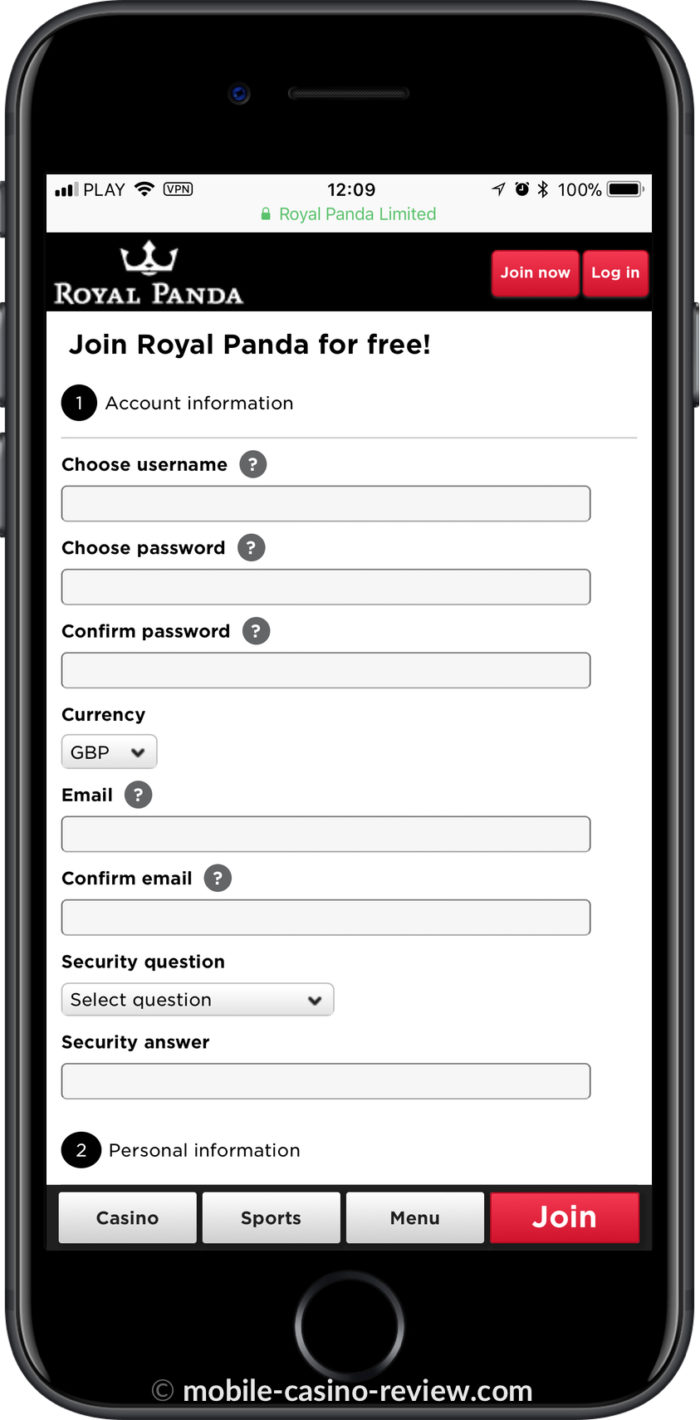 Mobile Casino Review - Royal Panda - Mobile Registration Form