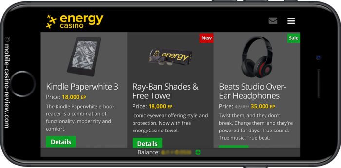 Mobile Casino Review - EnergyCasino - Energy Points Shop Mobile