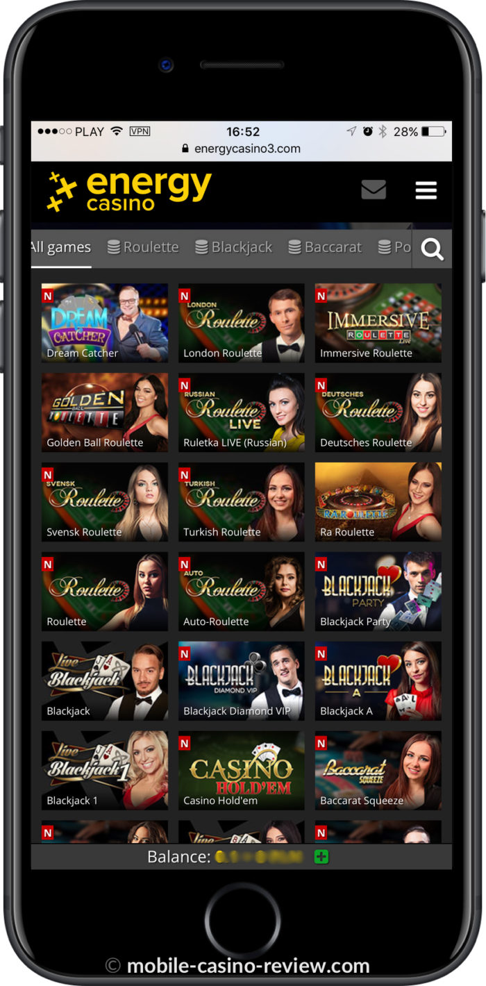 Mobile Casino Review - EnergyCasino - Mobile Live Games iPhone Vertical Mode