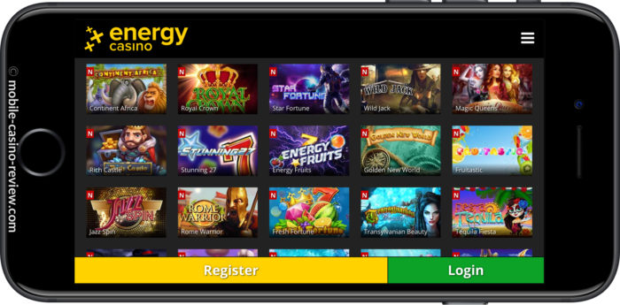 Mobile Casino Review - EnergyCasino - Mobile Lobby iPhone Horizontal Mode