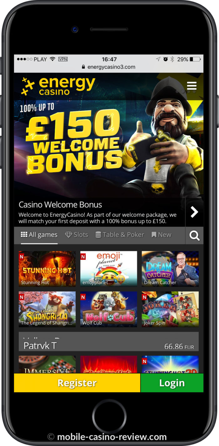 Mobile Casino Review - EnergyCasino - Mobile Lobby iPhone Vertical Mode