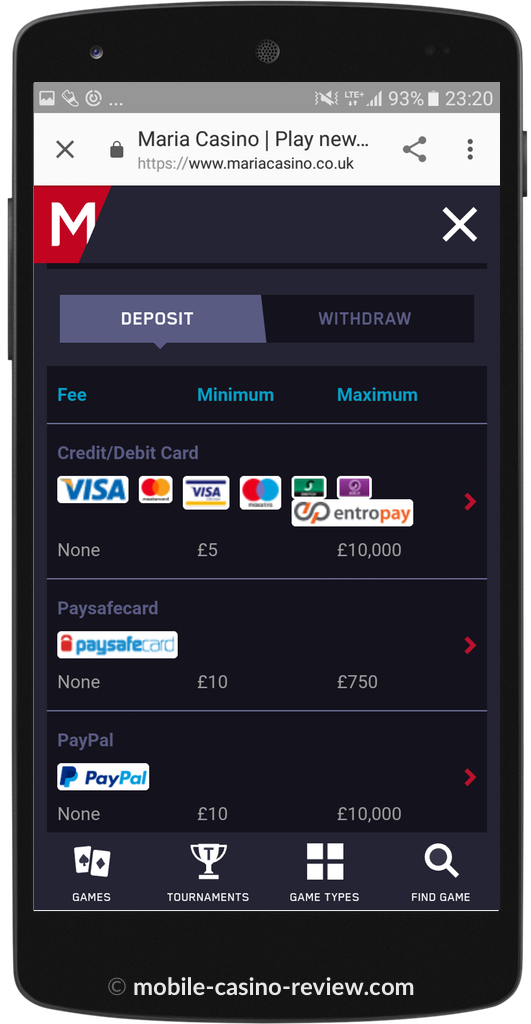 Mobile Casino Review - Maria Casino - Deposit Options