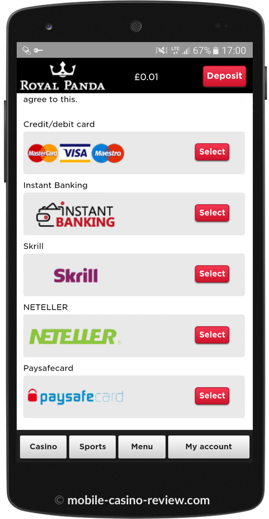 Mobile Casino Review - Royal Panda - Deposit Options