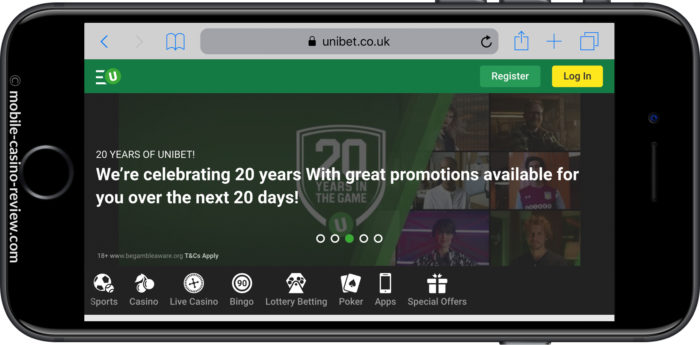 Mobile Casino Review - Unibet - 20 years online Promotion