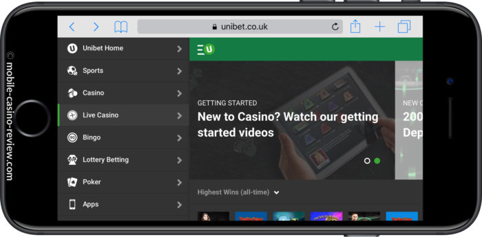 MobileCasinoReview_Unibet_MobileMenuHorizontal