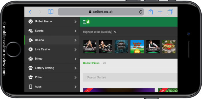 Mobile Casino Review - Unibet - Mobile Casino Menu Selection
