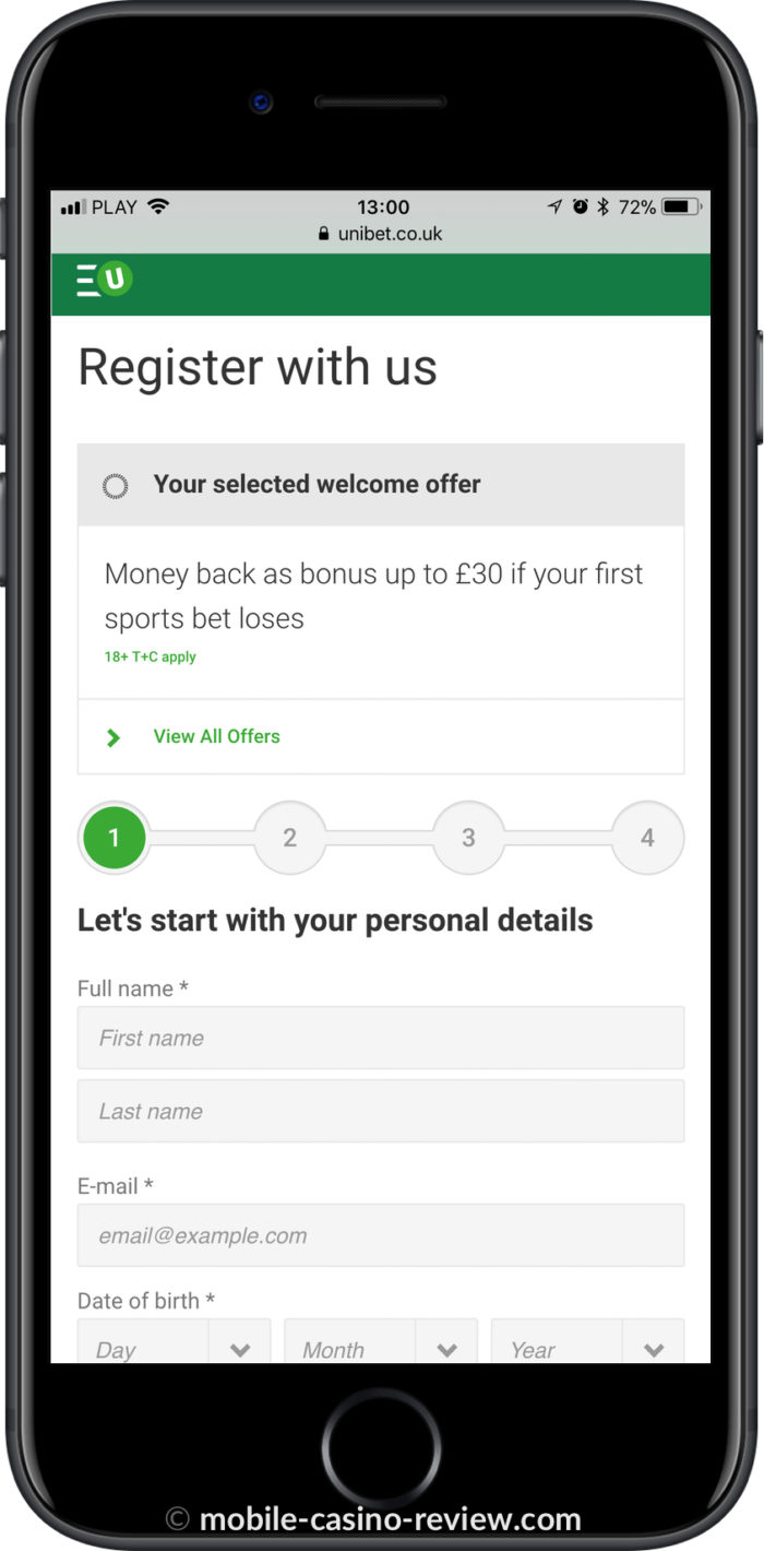 Mobile Casino Review - Unibet - Mobile Registration Form