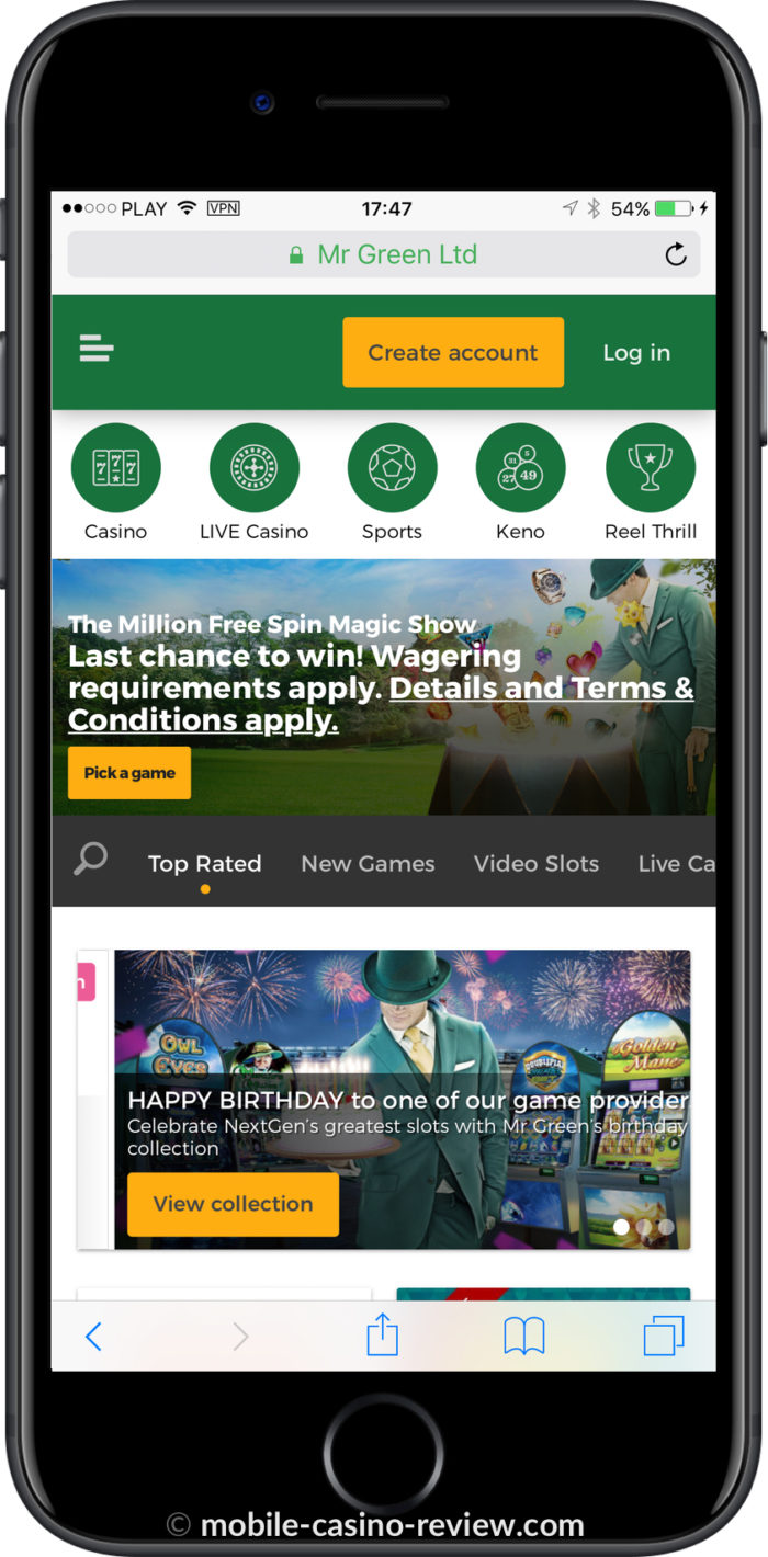 Mr Green Mobile Casino - Lobby